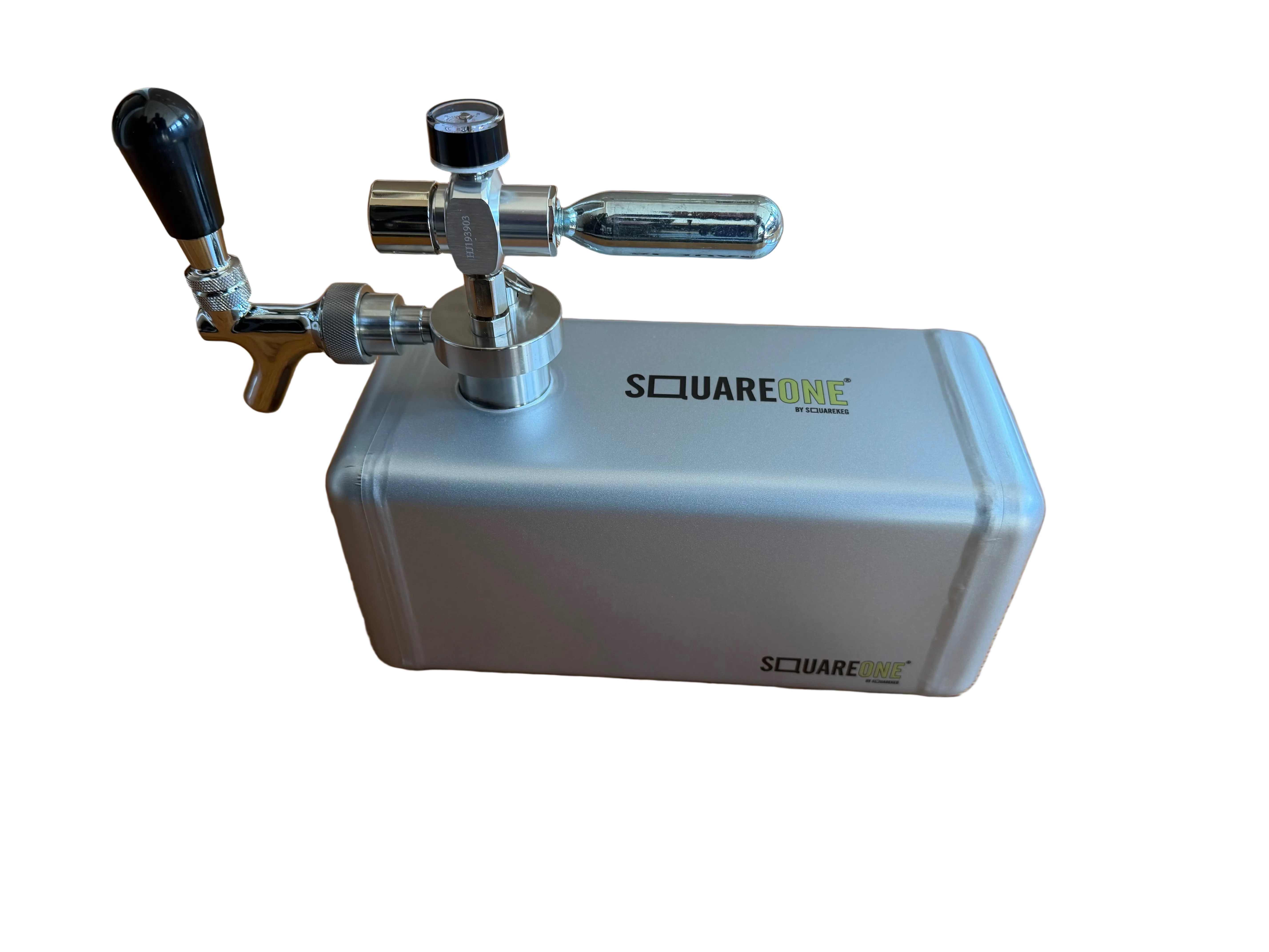A Square One beverage dispenser with a silver metal body, chrome faucet components, and a black handle.