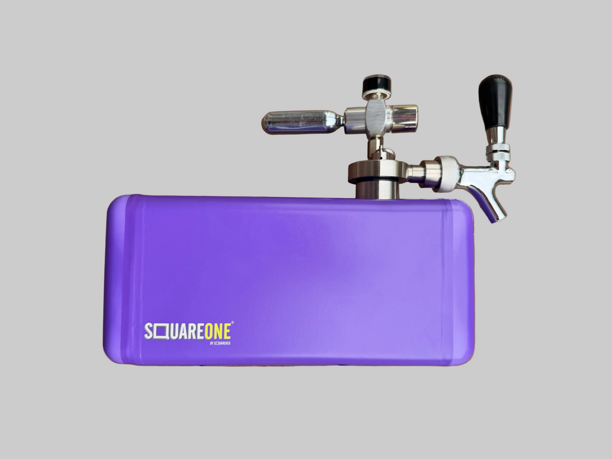 A purple SquareOne branded cooler  with a chrome faucet and black handle attached above it.