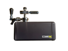 A square-shaped black portable keg with a yellow and white 'SQUAREONE' logo, shown next to a chrome regulator.