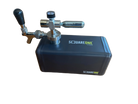 A SquareOne portable keg system with a black rectangular tank, chrome metal components, and a black-handled valve,.