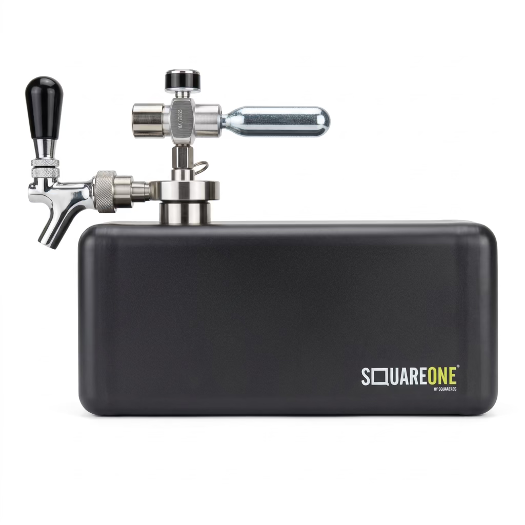 A Squareone portable keg and its attached chrome tap system.