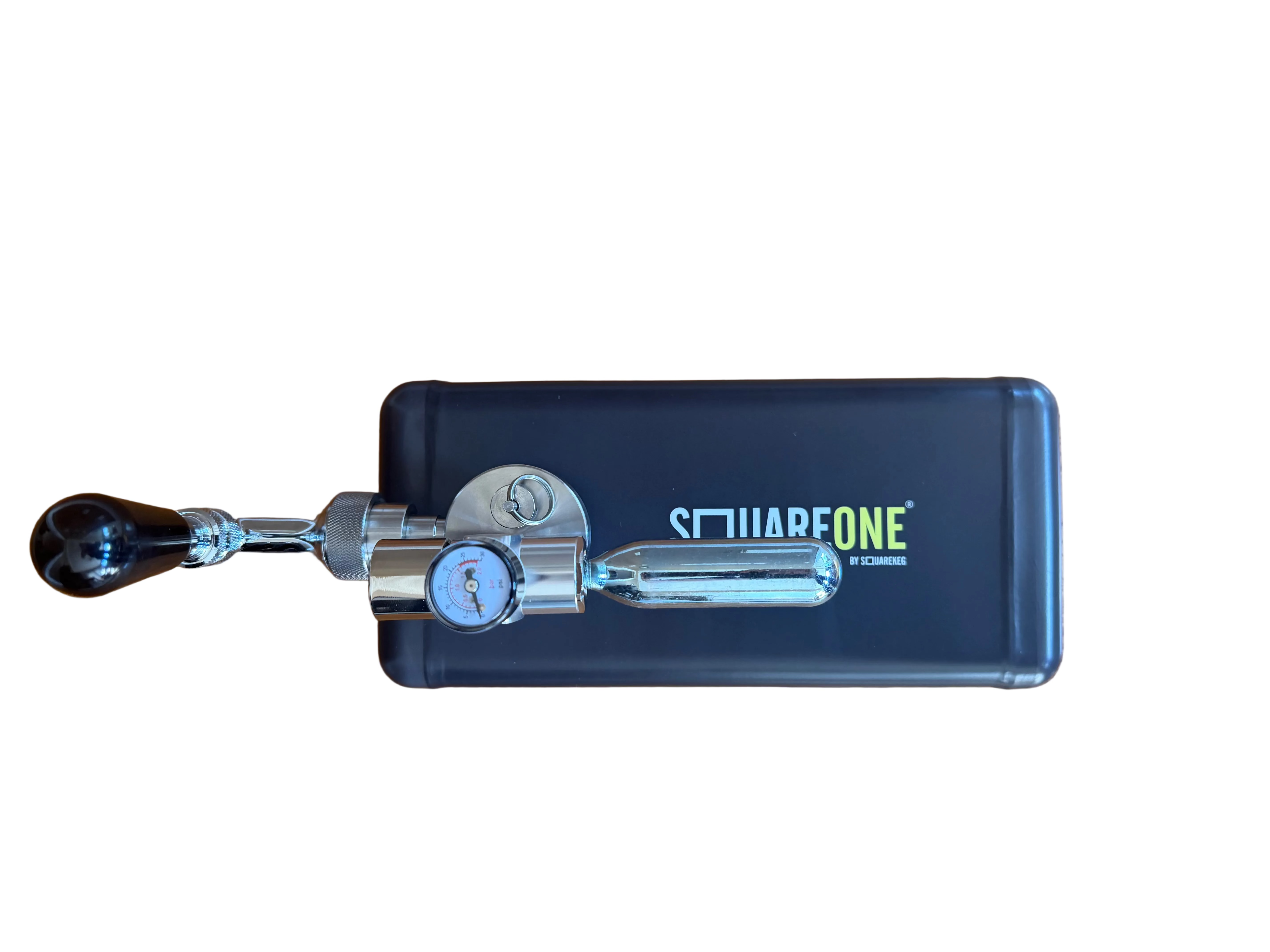 A SquareOne portable keg  with a chrome regulator and black handle.