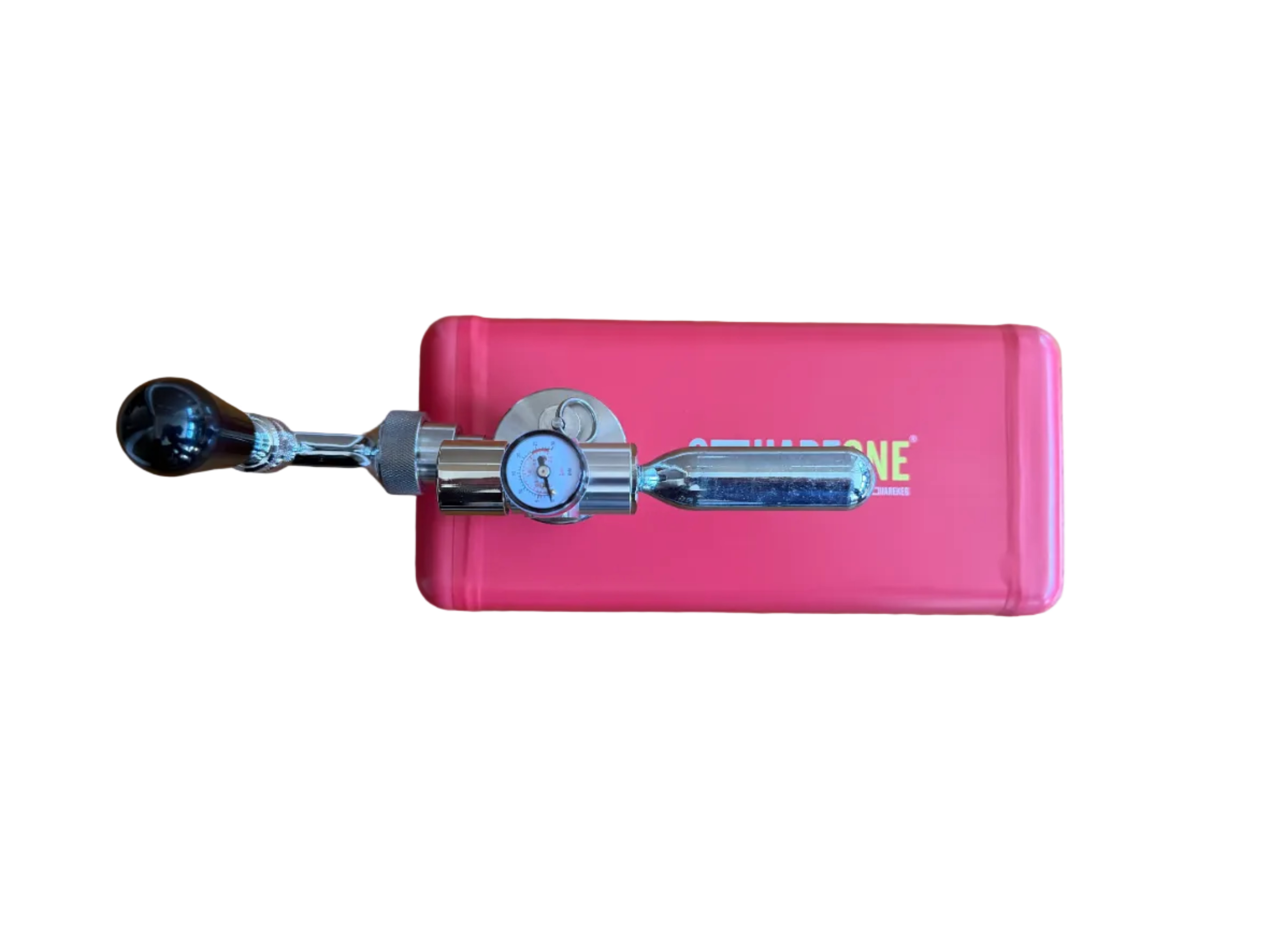 A pink portable keg with a chrome faucet and black handle.