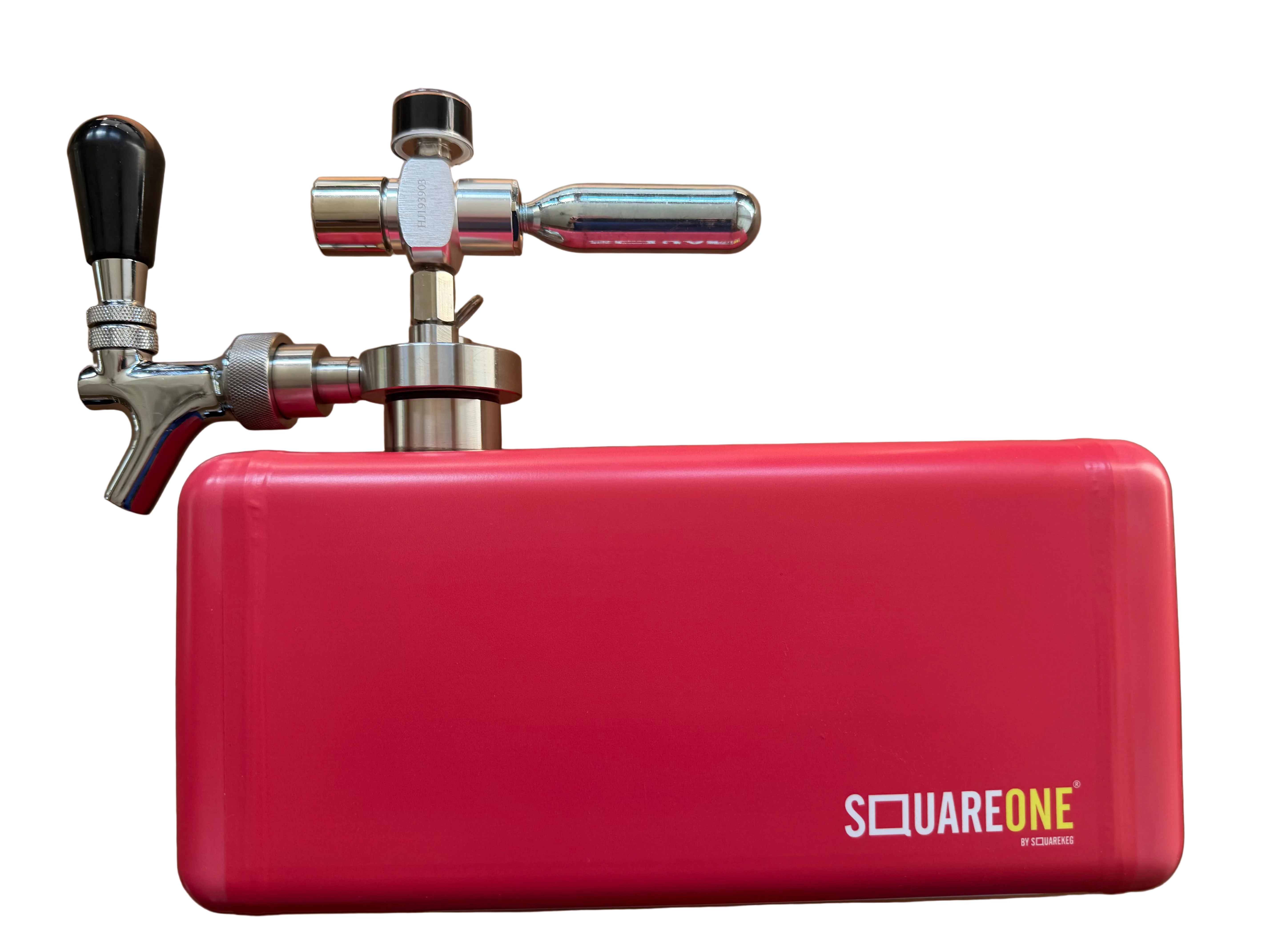 A red Square One portable keg with a stainless steel tap handle and black handle.