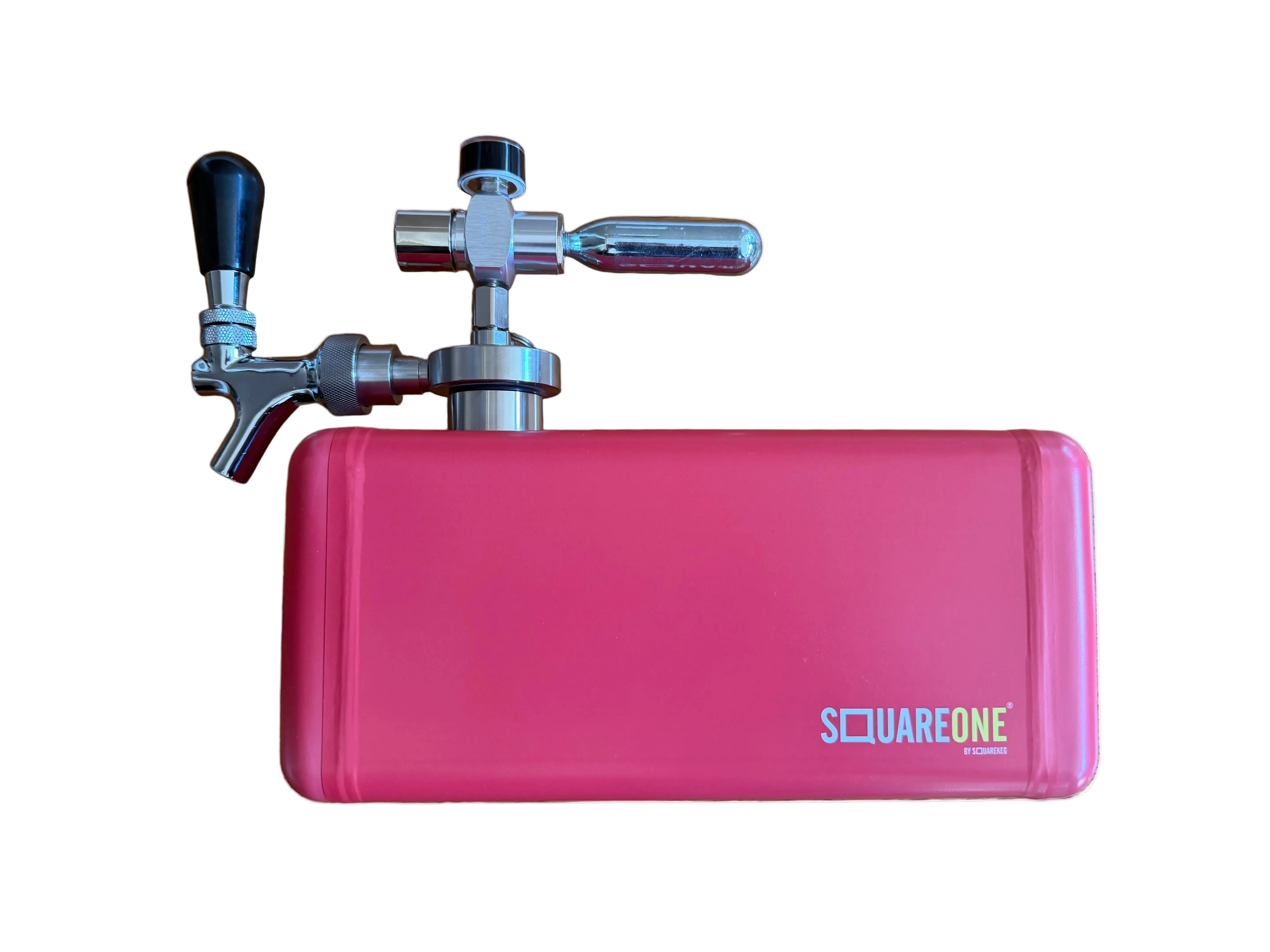A pink SquareOne branded portable keg with a stainless steel and chrome tap assembly and black handle.