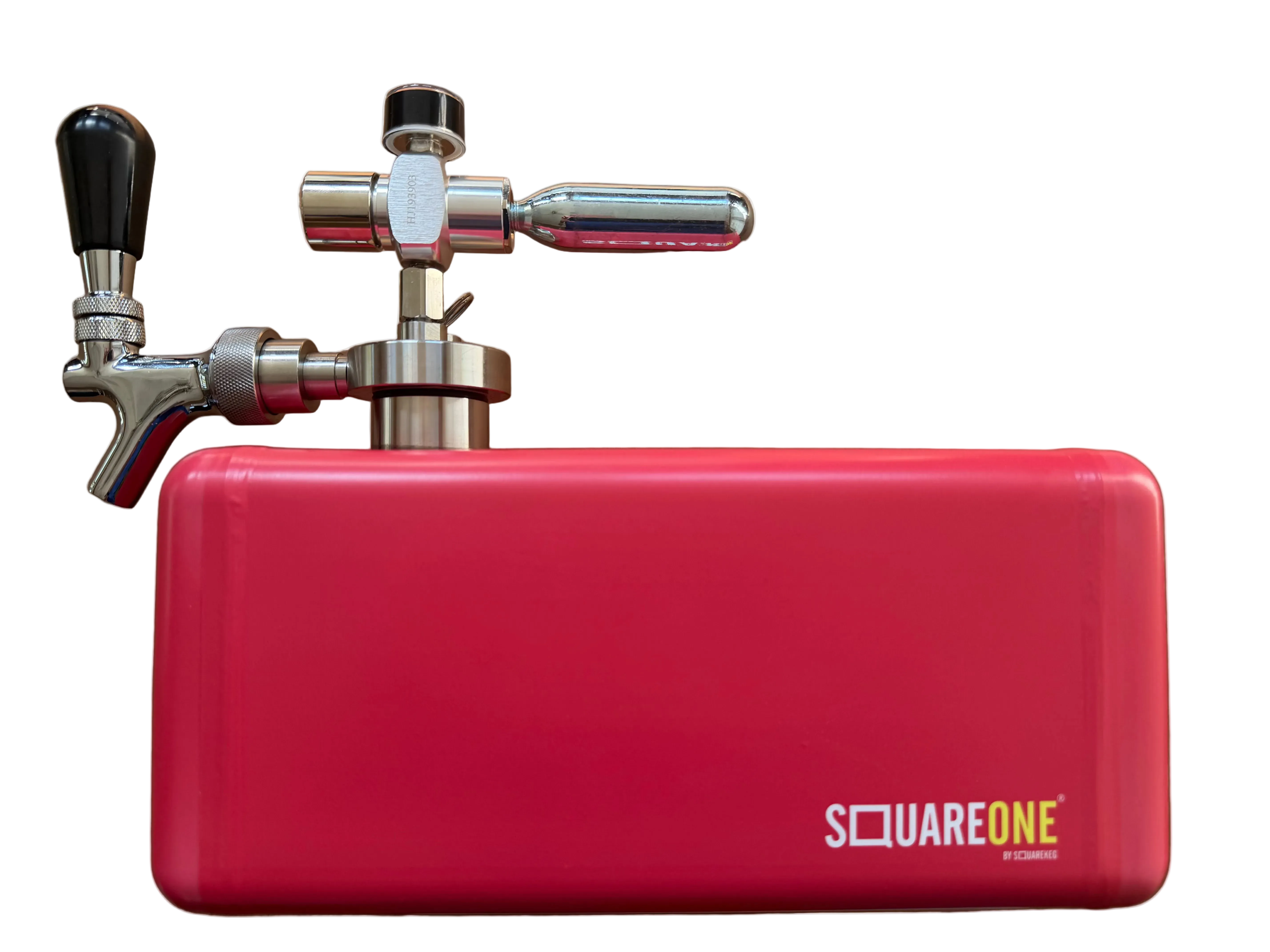 A red Square One portable kegwith an attached stainless steel tap and black handle.