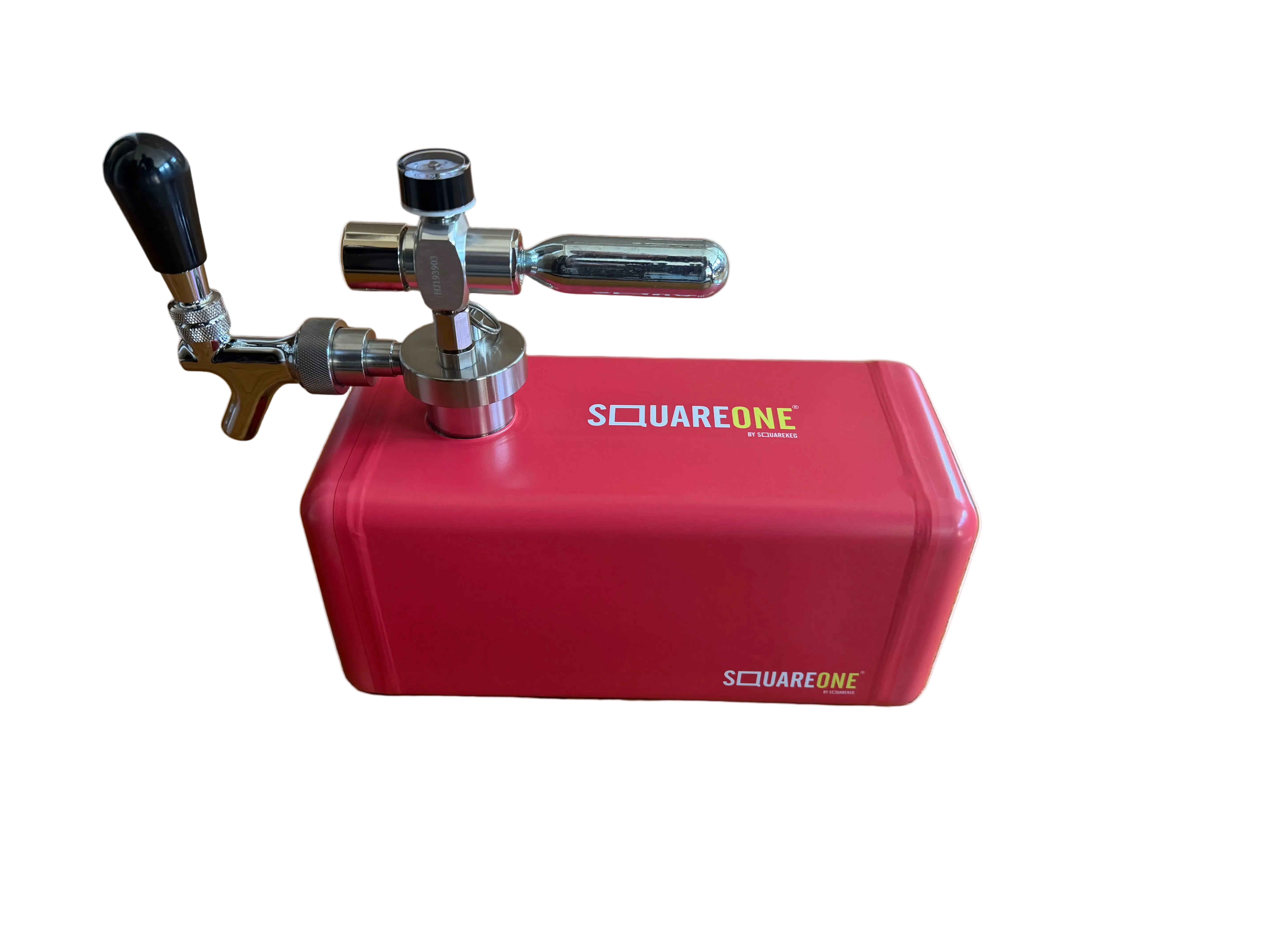 A red SQUAREONE portable beer tap kit with a chrome faucet and black handle.