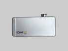 A silver Square One portable keg with a black and yellow logo