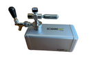 A Square One beverage dispenser with a silver metal body, chrome faucet components, and a black handle.