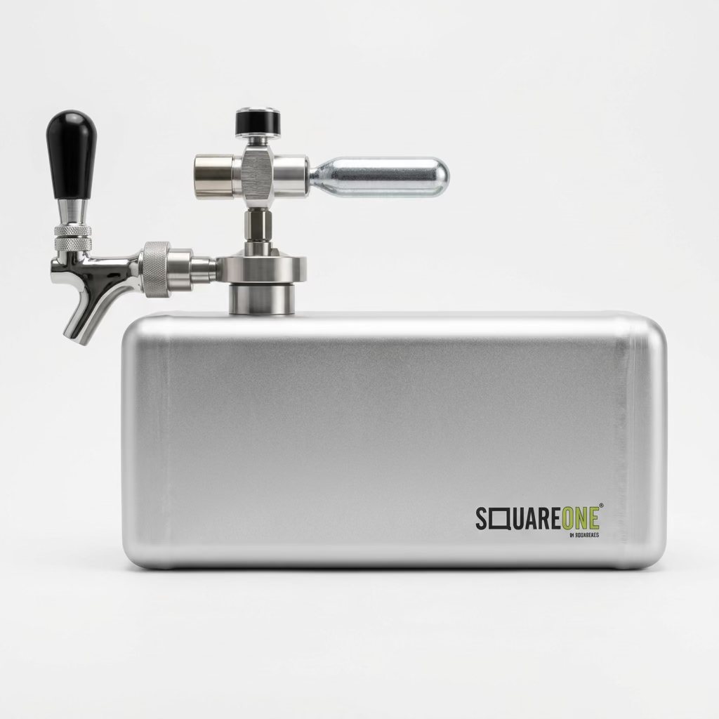 A Square One portable keg system with a chrome faucet tap.