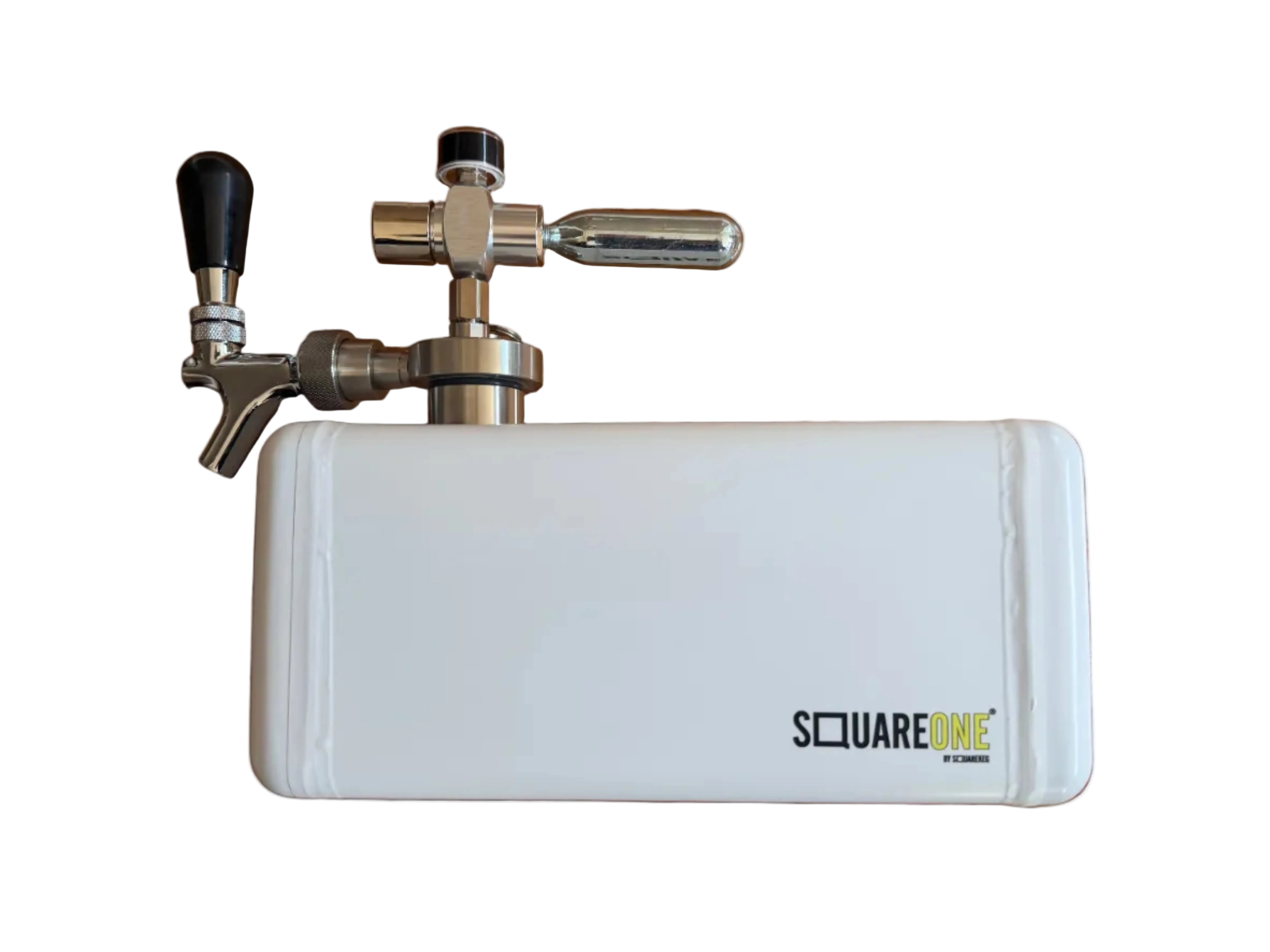 A white Squareone portable keg with a stainless steel tap and black handle.
