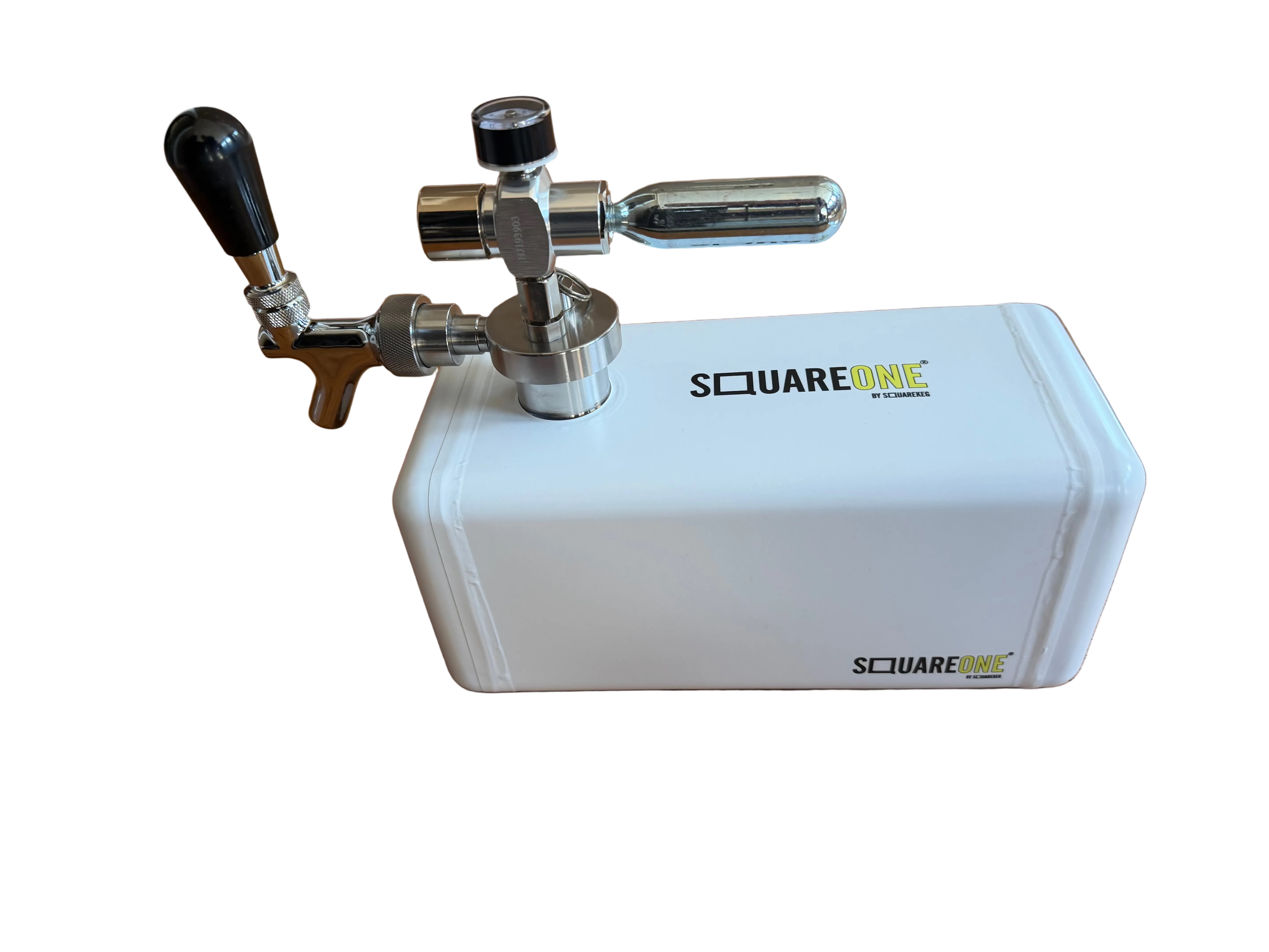 A SquareOne portable keg with  tap system with a chrome faucet and black lever handle.