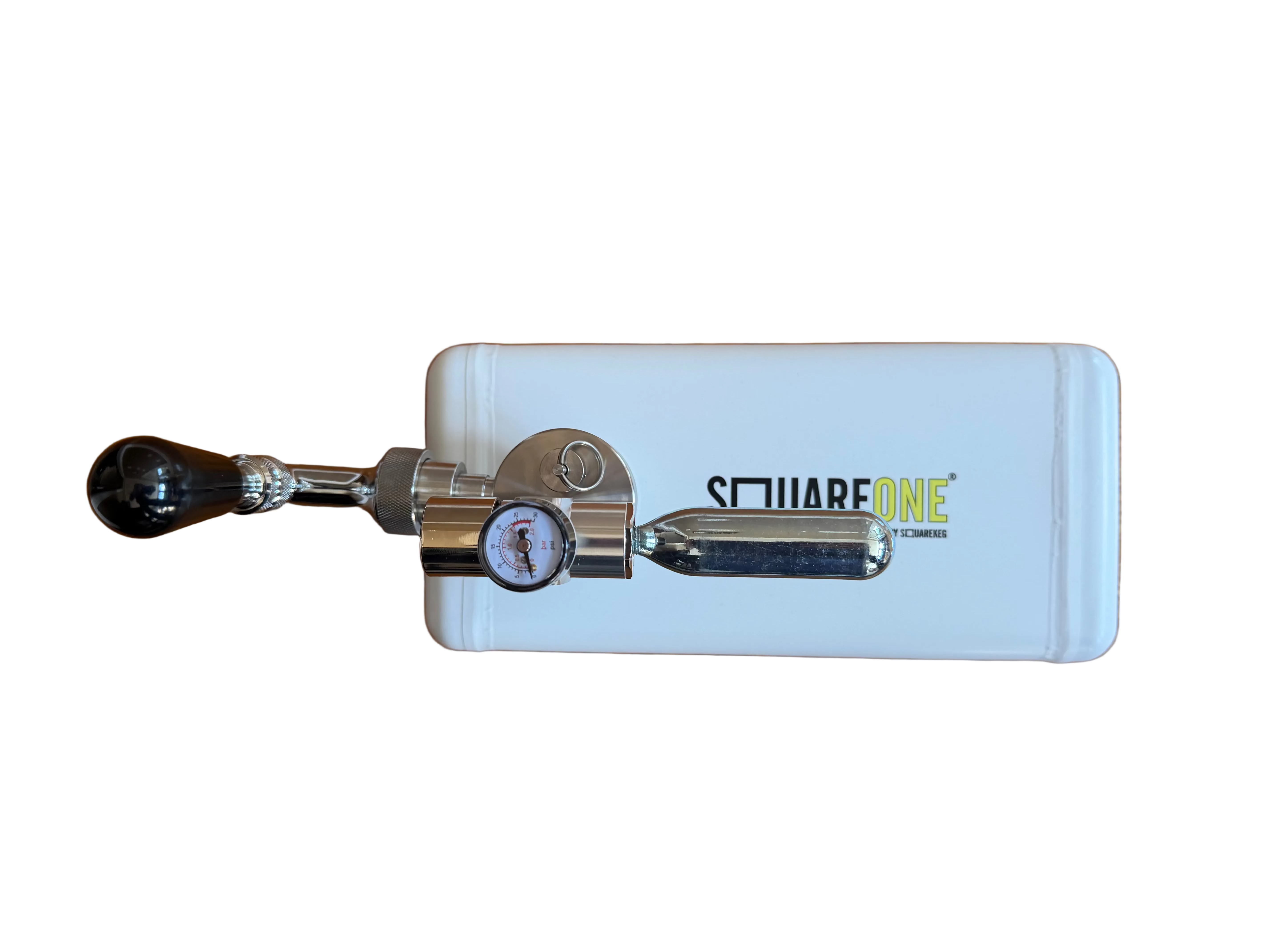 A white Square One portable keg with a metallic regulator and black tap handle. 