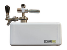 A white SquareOne portable keg with attached stainless steel faucet components and a black handle.