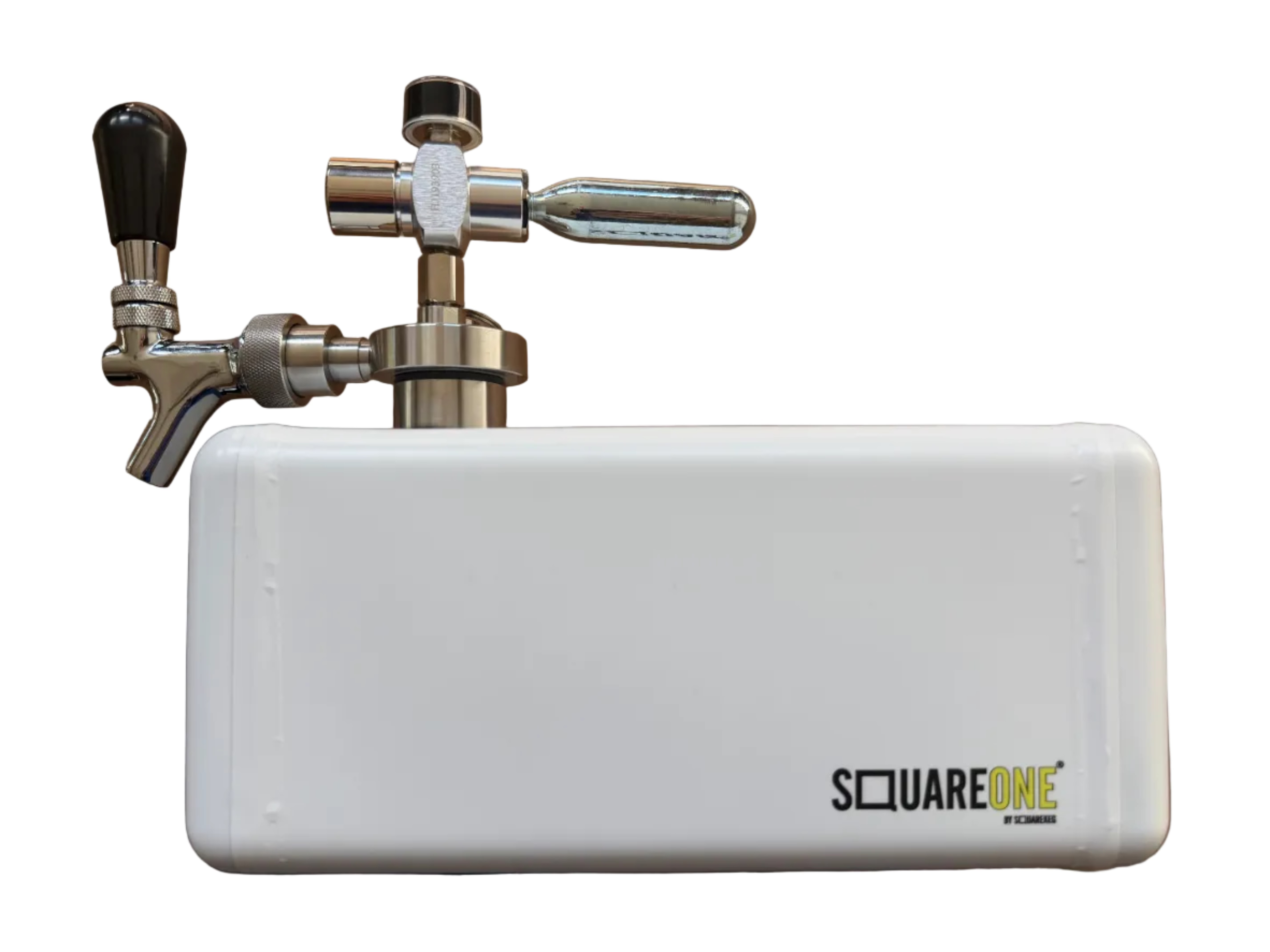 A white SquareOne portable keg with attached stainless steel faucet components and a black handle.